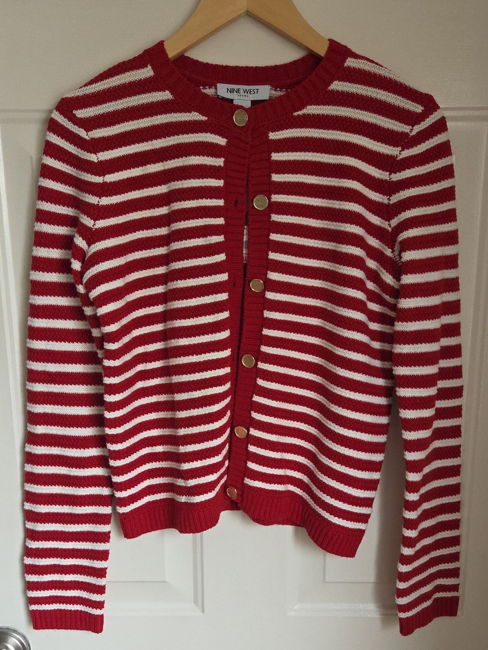 Nine West Red & White Striped Button-Front Cardigan